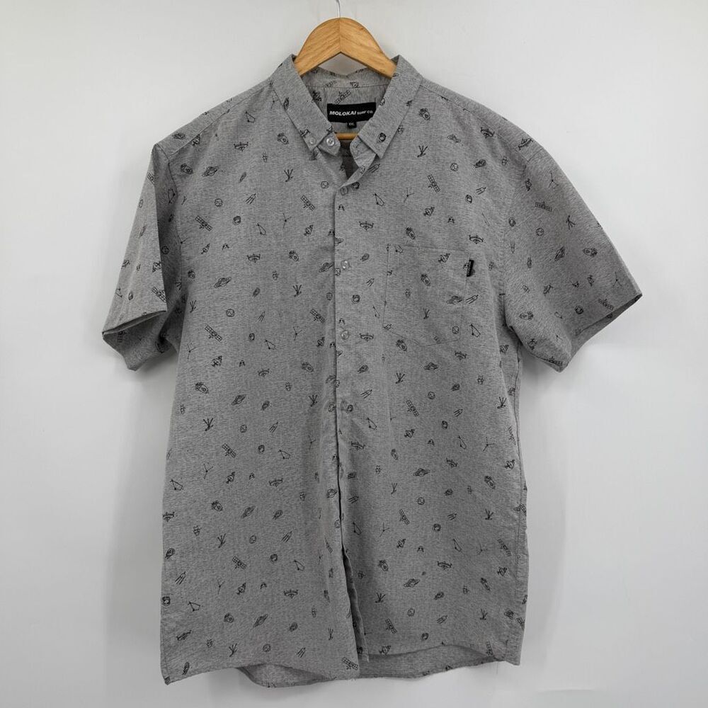Molokai Surf Co Gray Space Print Button Up Shirt XXL Satellite Rocket Short Slee